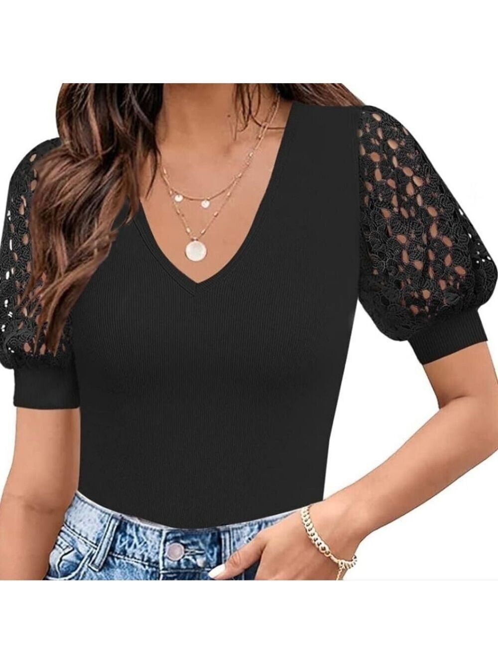 Women's  V Neck Lace Puff Short Sleeve TShirts Bodysuit Stretchy  NWOT Size L